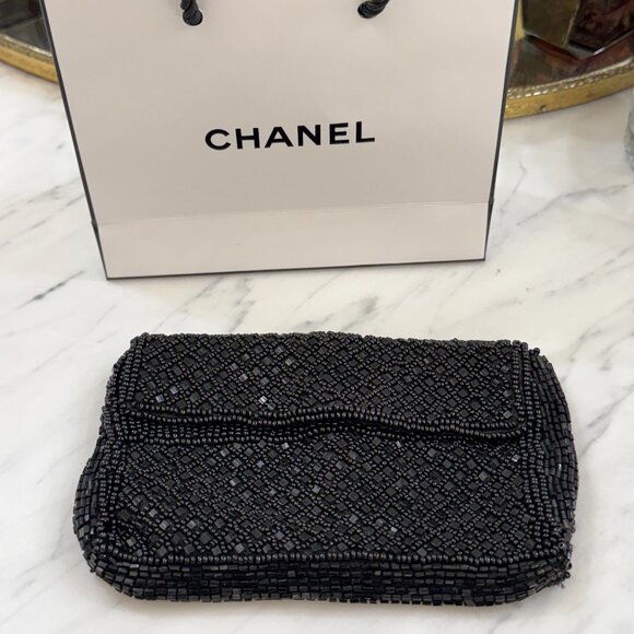 Vintage Handbags - Vintage French Black Beaded Belt Bag with Chanel Gift Bag 5" X 3.5"